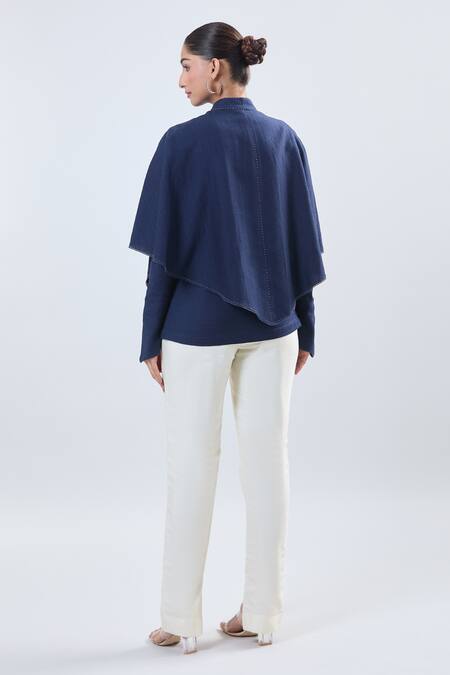 Shop Ott Navy Collared Blue Cape Sleeve Shirt at Aza Fashions Shop_Ott_Navy Collared Blue Cape Sleeve Shirt_at_Aza_Fashions