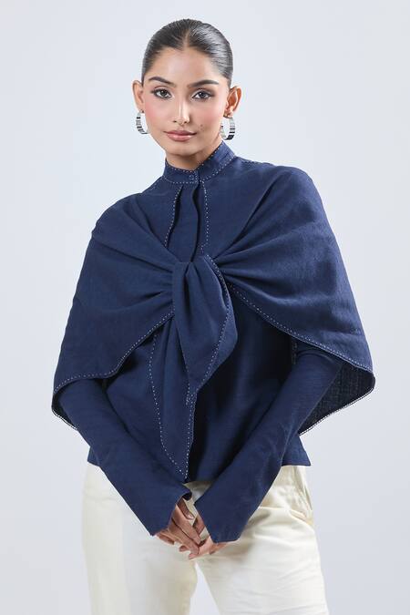 Shop Ott Navy Collared Blue Cape Sleeve Shirt Online at Aza Fashions Shop_Ott_Navy Collared Blue Cape Sleeve Shirt_Online_at_Aza_Fashions