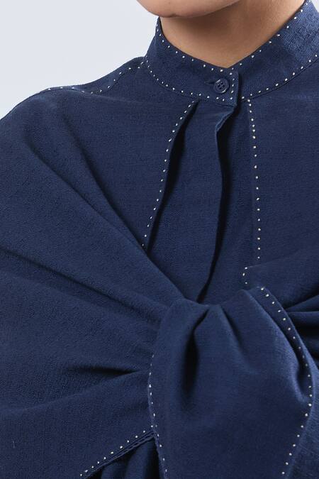 Ott Navy Collared Blue Cape Sleeve Shirt at Aza Fashions Ott_Navy Collared Blue Cape Sleeve Shirt_at_Aza_Fashions