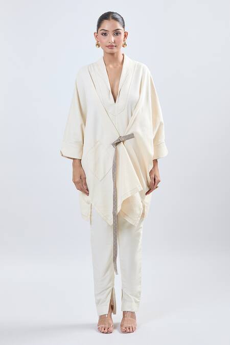 Buy Ott Ivory Cotton V-neck Asymmetrical Tunic With Belt Online at Aza Fashions Buy_Ott_Ivory Cotton V-neck Asymmetrical Tunic With Belt _Online_at_Aza_Fashions