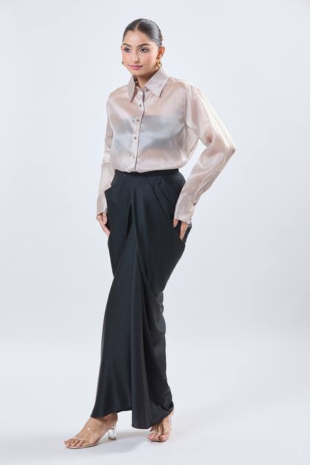 Buy Ott Beige Collared Satin Button-up Shirt Online at Aza Fashions Buy_Ott_Beige Collared Satin Button-up Shirt _Online_at_Aza_Fashions