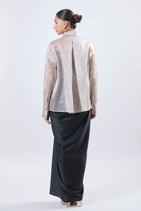 Shop Ott Beige Collared Satin Button-up Shirt at Aza Fashions Shop_Ott_Beige Collared Satin Button-up Shirt _at_Aza_Fashions