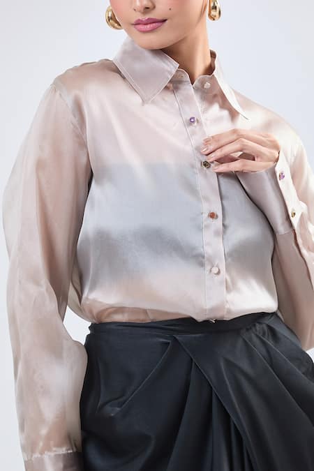 Shop Ott Beige Collared Satin Button-up Shirt Online at Aza Fashions Shop_Ott_Beige Collared Satin Button-up Shirt _Online_at_Aza_Fashions