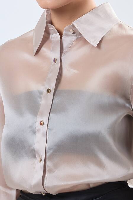 Ott Beige Collared Satin Button-up Shirt at Aza Fashions Ott_Beige Collared Satin Button-up Shirt _at_Aza_Fashions