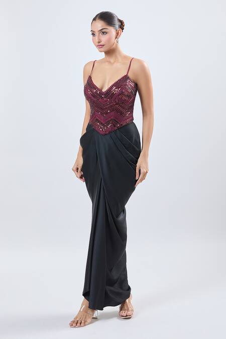 Ott Burgundy Sequins Sweetheart Neck Corset Blouse Online at Aza Fashions Ott_Burgundy Sequins Sweetheart Neck Corset Blouse _Online_at_Aza_Fashions