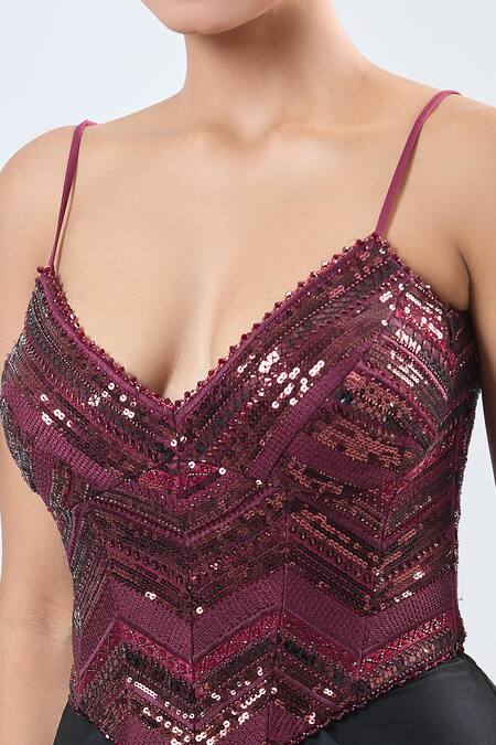Shop Ott Burgundy Sequins Sweetheart Neck Corset Blouse Online at Aza Fashions Shop_Ott_Burgundy Sequins Sweetheart Neck Corset Blouse _Online_at_Aza_Fashions