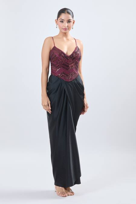 Ott Burgundy Sequins Sweetheart Neck Corset Blouse at Aza Fashions Ott_Burgundy Sequins Sweetheart Neck Corset Blouse _at_Aza_Fashions