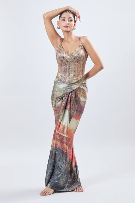 Shop Ott Multi Color Embroidery Draped Skirt Online at Aza Fashions Shop_Ott_Multi Color Embroidery Draped Skirt_Online_at_Aza_Fashions