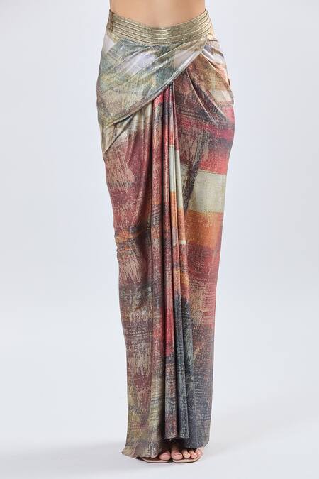 Shop Ott Multi Color Embroidery Draped Skirt at Aza Fashions Shop_Ott_Multi Color Embroidery Draped Skirt_at_Aza_Fashions