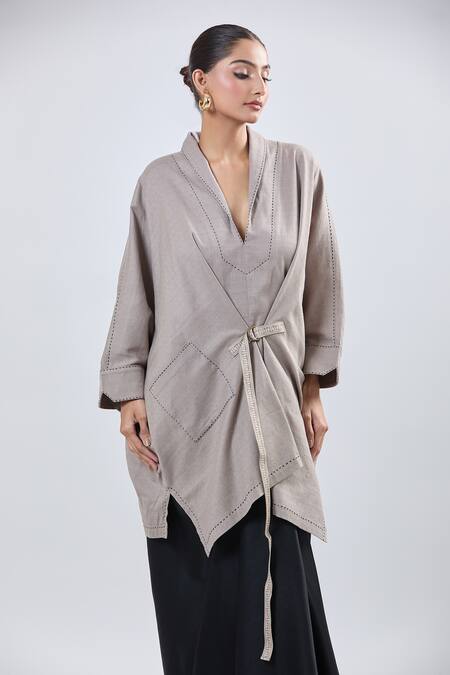Shop Ott Beige V-neck Asymmetrical Tunic Online at Aza Fashions Shop_Ott_Beige V-neck Asymmetrical Tunic _Online_at_Aza_Fashions