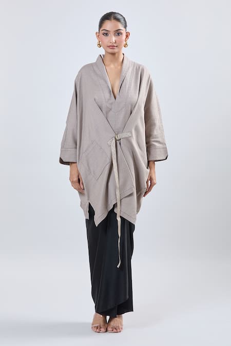 Ott Beige V-neck Asymmetrical Tunic at Aza Fashions Ott_Beige V-neck Asymmetrical Tunic _at_Aza_Fashions