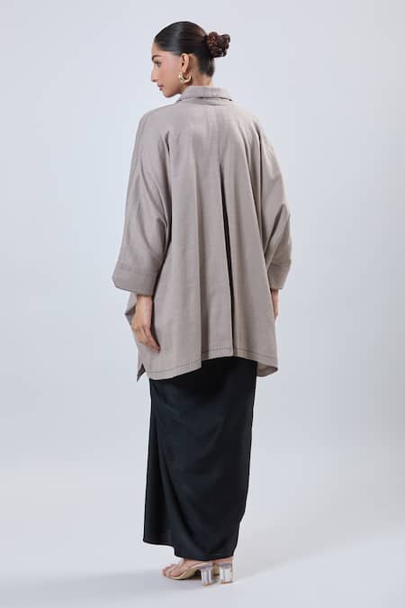 Shop Ott Beige V-neck Asymmetrical Tunic at Aza Fashions Shop_Ott_Beige V-neck Asymmetrical Tunic _at_Aza_Fashions