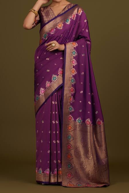 Naintara Bajaj_Purple Silk, Satin Zari V-neck Woven Banarasi Saree _Online_at_Aza_Fashions