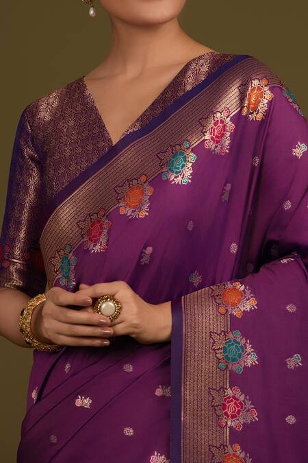 Shop_Naintara Bajaj_Purple Silk, Satin Zari V-neck Woven Banarasi Saree _Online_at_Aza_Fashions