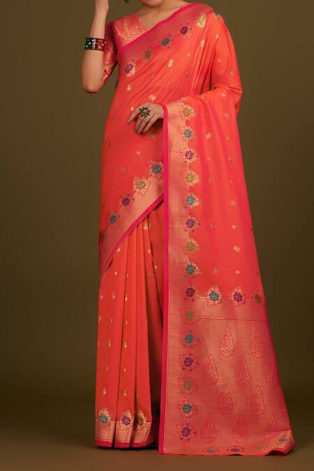 Naintara Bajaj_Peach Satin, Silk Zari V-neck Woven Dark Saree With Stitched Blouse _Online_at_Aza_Fashions
