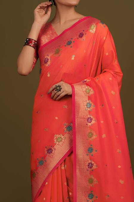 Buy_Naintara Bajaj_Peach Satin, Silk Zari V-neck Woven Dark Saree With Stitched Blouse _Online_at_Aza_Fashions