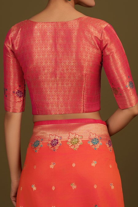 Shop_Naintara Bajaj_Peach Satin, Silk Zari V-neck Woven Dark Saree With Stitched Blouse _Online_at_Aza_Fashions