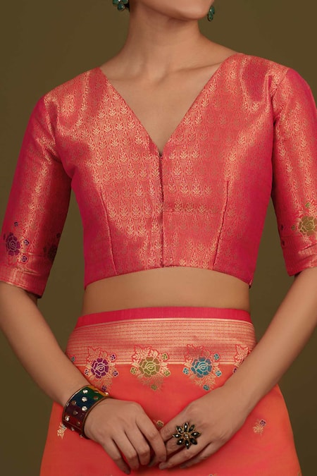 Naintara Bajaj_Peach Satin, Silk Zari V-neck Woven Dark Saree With Stitched Blouse _at_Aza_Fashions