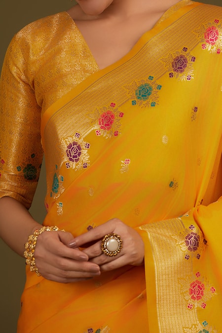 Shop_Naintara Bajaj_Yellow Brocade, Silk Zari Round Neck Woven Banarasi Satin Saree _Online_at_Aza_Fashions