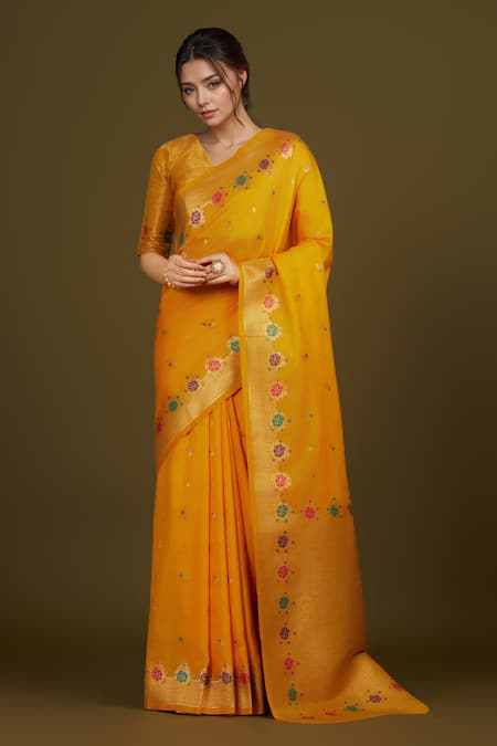 Shop_Naintara Bajaj_Yellow Brocade, Silk Zari Round Neck Woven Banarasi Satin Saree 