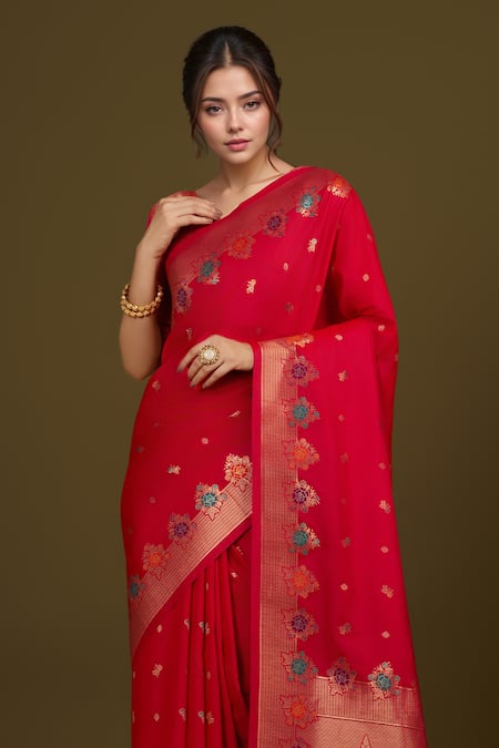 Shop_Naintara Bajaj_Pink Brocade, Satin Zari V-neck Woven Banarasi Silk Saree _Online_at_Aza_Fashions