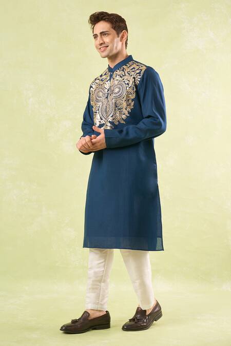 Rng Safawala_Blue Cotton, Silk, Denim Embroidery Navy Kurta Set _Online_at_Aza_Fashions