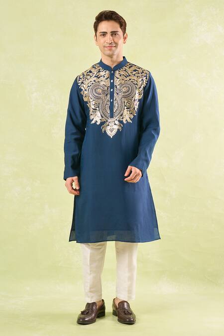 Buy_Rng Safawala_Blue Cotton, Silk, Denim Embroidery Navy Kurta Set _Online_at_Aza_Fashions