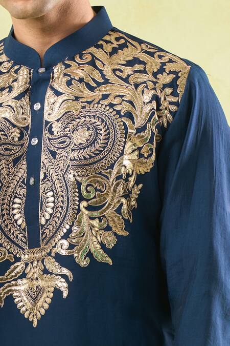 Shop_Rng Safawala_Blue Cotton, Silk, Denim Embroidery Navy Kurta Set _Online_at_Aza_Fashions