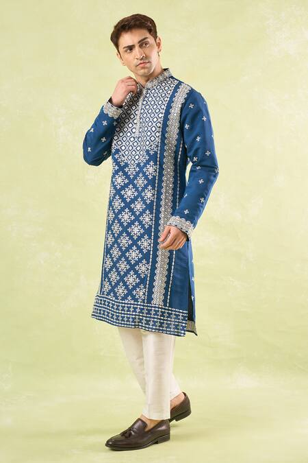Buy Rng Safawala Blue Cotton, Silk, Denim Sequins Royal Embroidered Kurta Set Online at Aza Fashions Buy_Rng Safawala_Blue Cotton, Silk, Denim Sequins Royal Embroidered Kurta Set_Online_at_Aza_Fashions