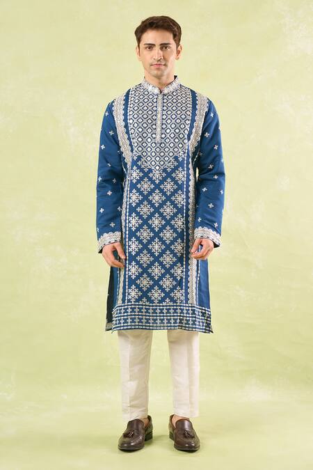 Shop Rng Safawala Blue Cotton, Silk, Denim Sequins Royal Embroidered Kurta Set Online at Aza Fashions Shop_Rng Safawala_Blue Cotton, Silk, Denim Sequins Royal Embroidered Kurta Set_Online_at_Aza_Fashions