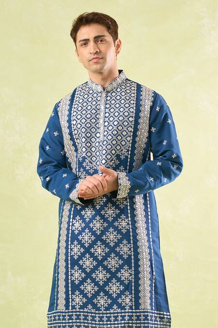 Rng Safawala Blue Cotton, Silk, Denim Sequins Royal Embroidered Kurta Set at Aza Fashions Rng Safawala_Blue Cotton, Silk, Denim Sequins Royal Embroidered Kurta Set_at_Aza_Fashions