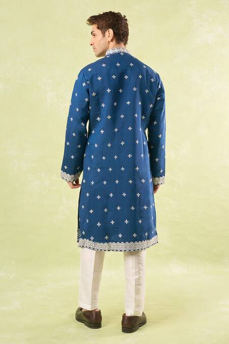 Shop Rng Safawala Blue Cotton, Silk, Denim Sequins Royal Embroidered Kurta Set at Aza Fashions Shop_Rng Safawala_Blue Cotton, Silk, Denim Sequins Royal Embroidered Kurta Set_at_Aza_Fashions