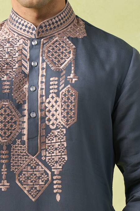Rng Safawala_Gray Cotton, Denim Embroidery Grey Kurta Set _Online_at_Aza_Fashions