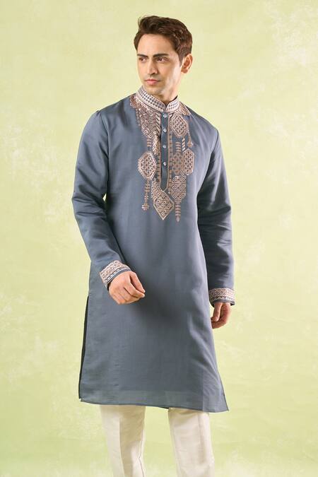 Shop_Rng Safawala_Gray Cotton, Denim Embroidery Grey Kurta Set _Online_at_Aza_Fashions