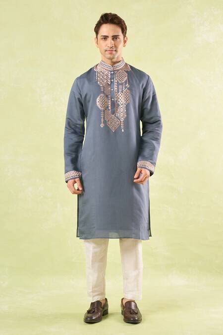 Rng Safawala_Gray Cotton, Denim Embroidery Grey Kurta Set _at_Aza_Fashions