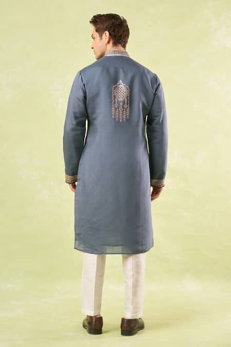 Shop_Rng Safawala_Gray Cotton, Denim Embroidery Grey Kurta Set _at_Aza_Fashions