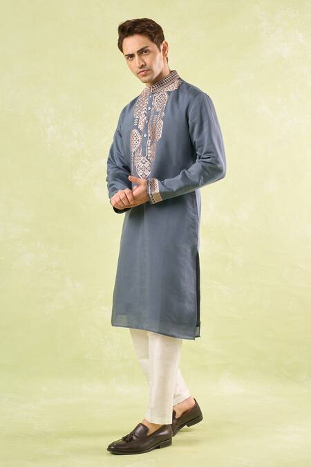 Buy_Rng Safawala_Gray Cotton, Denim Embroidery Grey Kurta Set 