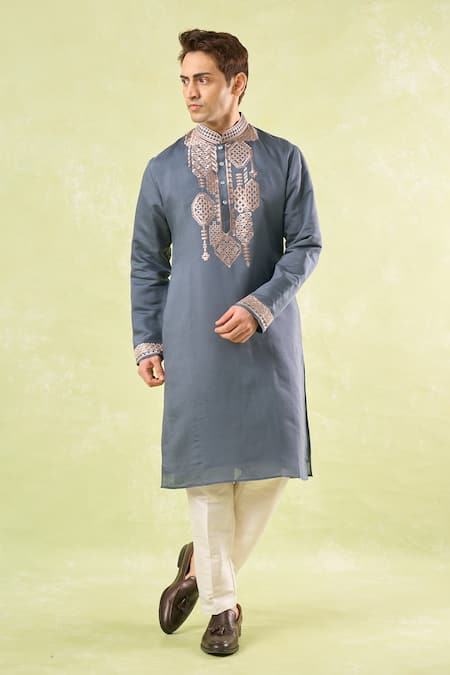 Shop_Rng Safawala_Gray Cotton, Denim Embroidery Grey Kurta Set 