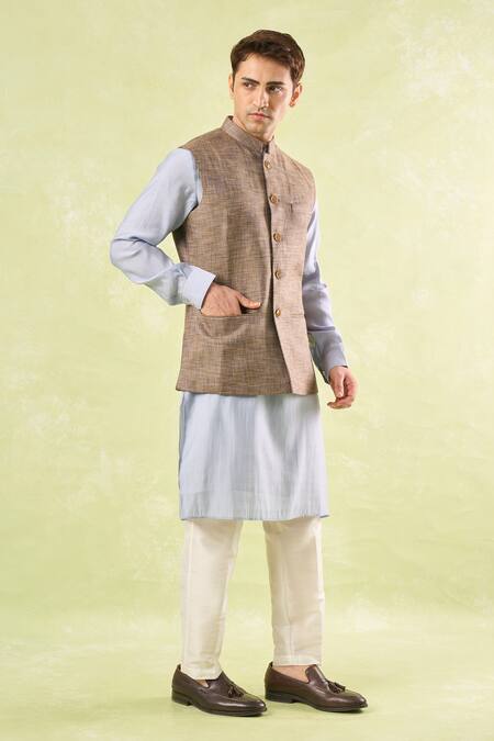 Rng Safawala_Brown Tweed Textured Nehru Jacket _Online_at_Aza_Fashions