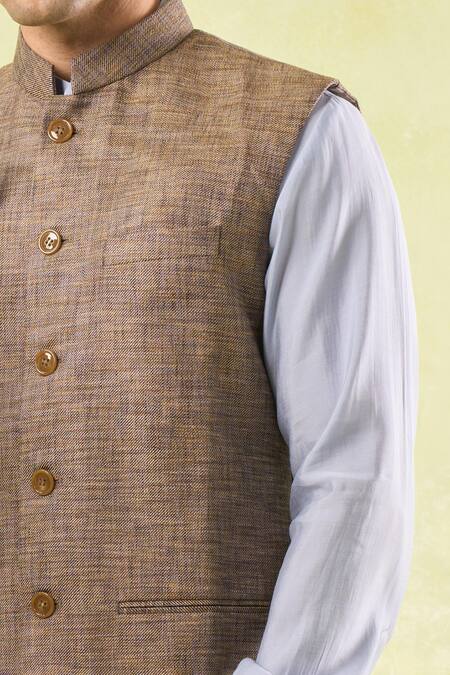 Buy_Rng Safawala_Brown Tweed Textured Nehru Jacket _Online_at_Aza_Fashions