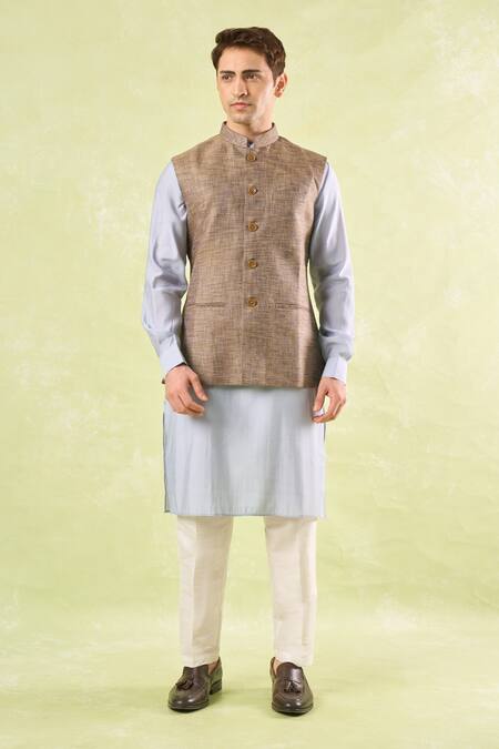 Shop_Rng Safawala_Brown Tweed Textured Nehru Jacket _Online_at_Aza_Fashions