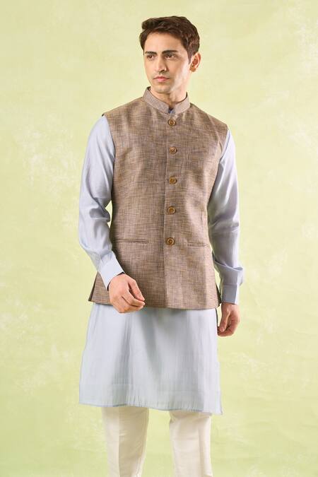 Rng Safawala_Brown Tweed Textured Nehru Jacket _at_Aza_Fashions