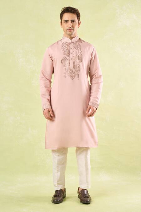 Rng Safawala_Pink Cotton, Silk Embroidery Blush Kurta Set_Online_at_Aza_Fashions