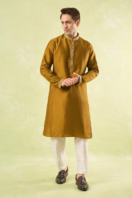 Rng Safawala_Mustard Cotton, Silk, Denim Mirrors Embroidered Kurta Set _Online_at_Aza_Fashions