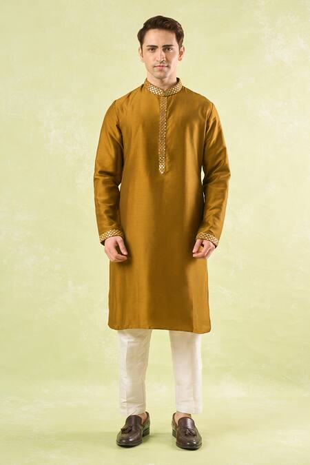 Buy_Rng Safawala_Mustard Cotton, Silk, Denim Mirrors Embroidered Kurta Set _Online_at_Aza_Fashions