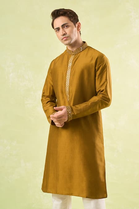 Rng Safawala_Mustard Cotton, Silk, Denim Mirrors Embroidered Kurta Set _at_Aza_Fashions