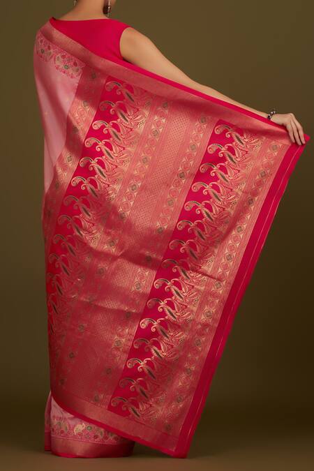 Shop Naintara Bajaj Pink Silk, Satin Zari V-neck Light Woven Banarasi Saree at Aza Fashions Shop_Naintara Bajaj_Pink Silk, Satin Zari V-neck Light Woven Banarasi Saree_at_Aza_Fashions