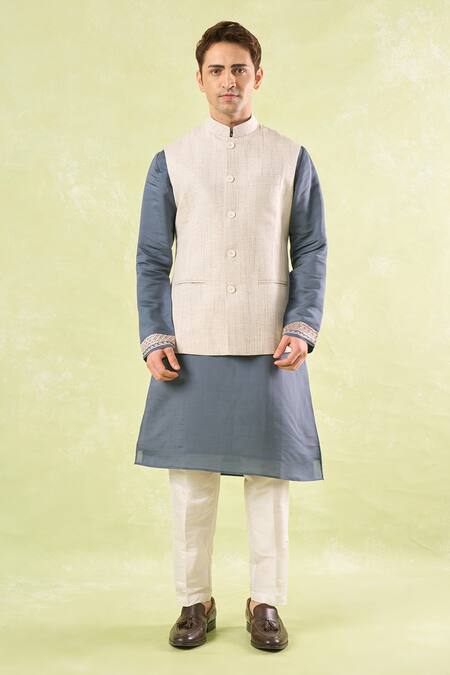 Buy_Rng Safawala_White Tweed Textured Nehru Jacket _Online_at_Aza_Fashions