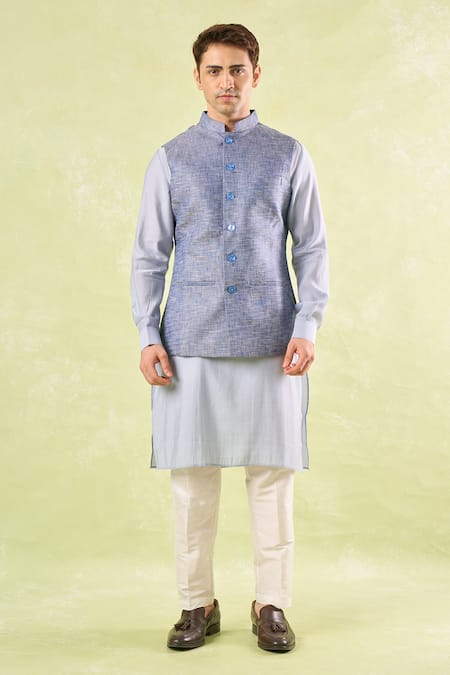 Rng Safawala Blue Tweed Textured Nehru Jacket Online at Aza Fashions Rng Safawala_Blue Tweed Textured Nehru Jacket _Online_at_Aza_Fashions