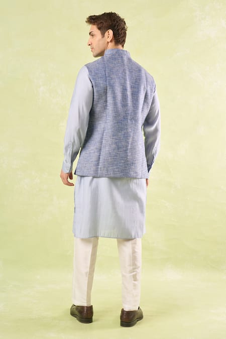 Shop Rng Safawala Blue Tweed Textured Nehru Jacket at Aza Fashions Shop_Rng Safawala_Blue Tweed Textured Nehru Jacket _at_Aza_Fashions